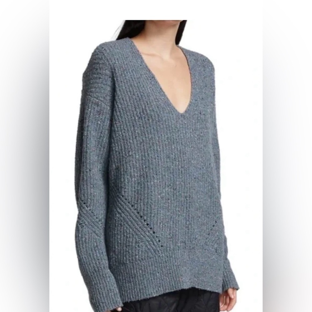 rag & bone Women's Blue Eco Donegal V Neck Sweater Wool Blend Cozy Oversized